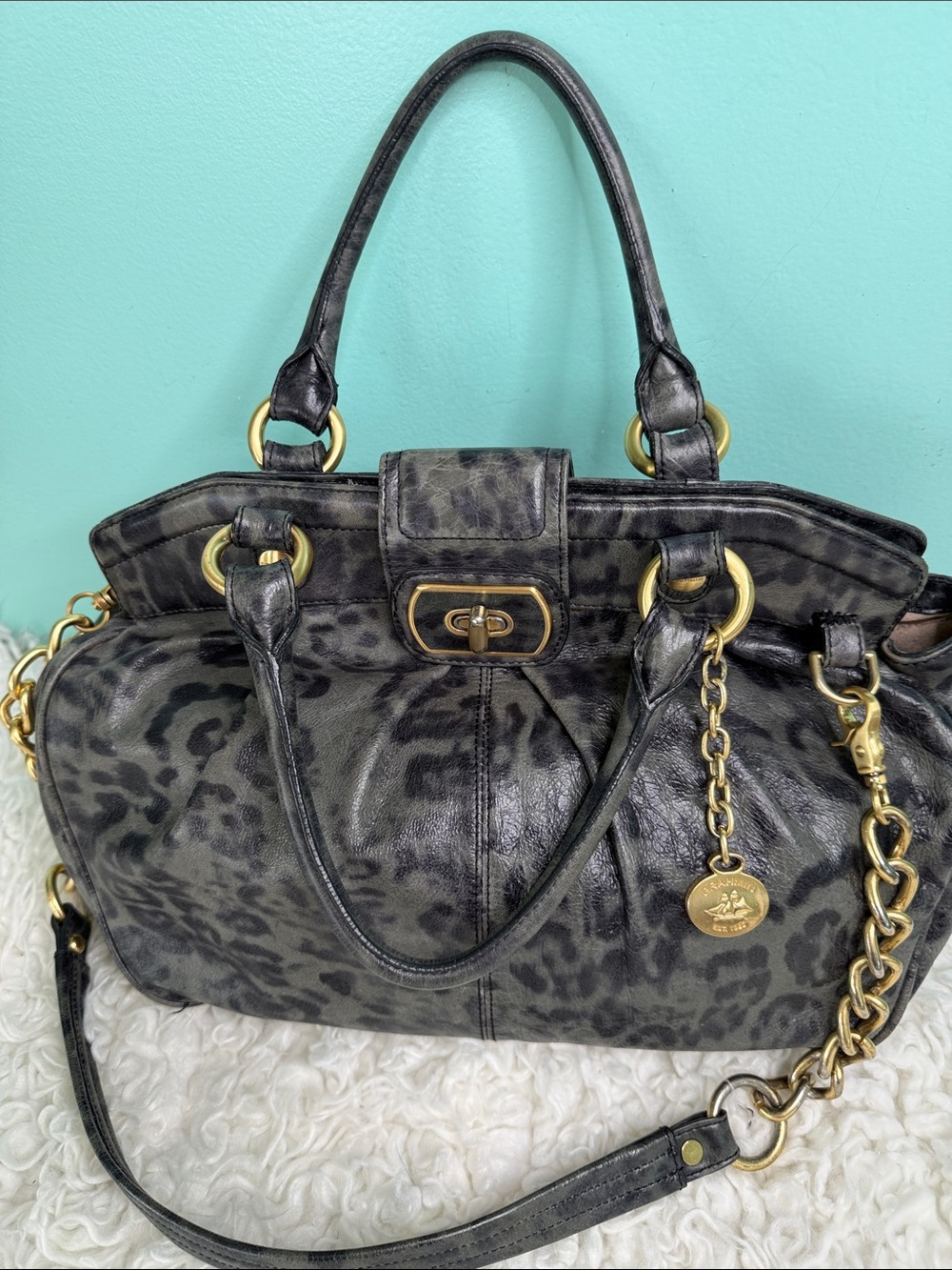Brahmin Adore Charcoal Leopard-Print Leather Satchel with Gold Hardware